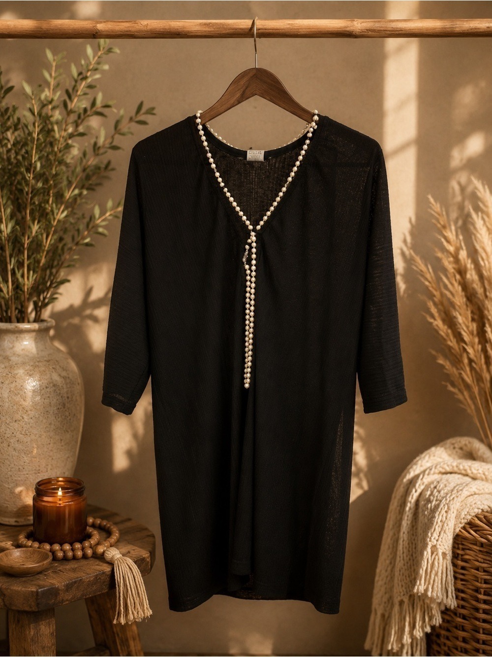 COVER ME Black Sheer Tunic • Convertible Faux Pearl Necklace • Custom Detail L